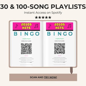 Puede incluir: Un libro abierto que muestra dos p&aacute;ginas id&eacute;nticas para un juego de bingo de &eacute;xitos de los a&ntilde;os 2010. Cada p&aacute;gina presenta un encabezado rosa con notas musicales, el texto 2010s HITS, un c&oacute;digo QR e instrucciones para escanear y jugar en Spotify.
