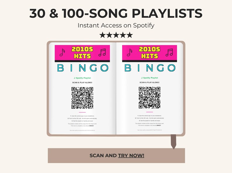 Puede incluir: Un libro abierto que muestra dos p&aacute;ginas id&eacute;nticas para un juego de bingo de &eacute;xitos de los a&ntilde;os 2010. Cada p&aacute;gina presenta un encabezado rosa con notas musicales, el texto 2010s HITS, un c&oacute;digo QR e instrucciones para escanear y jugar en Spotify.