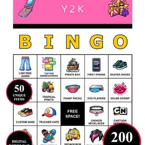 2000s Bingo Game – 200 Printable Cards with 50 Iconic Moments | Y2K Party Game for Millennial Reunions, Emo Nights, Throwback Raves