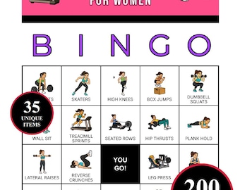 Bingo de fitness para mujeres (200 tarjetas), tarjetas de entrenamiento de cuerpo completo, imprimible para actividades de gimnasio, hoja de retos de ejercicio, descarga instantánea en PDF.