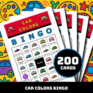 May include: A stack of Car Colors Bingo cards with a colorful background. Each card features a grid of car colors and small car illustrations. The text "CAR COLORS BINGO" is at the top, and "200 CARDS" is in a black circle.