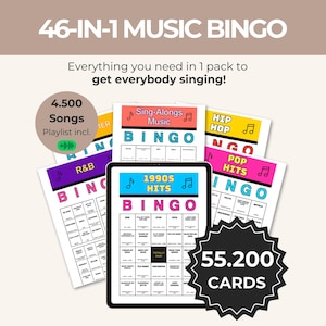 Puede incluir: Un juego de bingo musical 46 en 1 que presenta m&uacute;ltiples tarjetas de juego coloridas con varios g&eacute;neros musicales como R&B, Hip Hop y Pop Hits. Una tableta central muestra una tarjeta de bingo de &eacute;xitos de los 90. Incluye 4.500 canciones y 55.200 tarjetas.