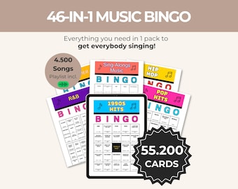 Paquete definitivo de bingo musical 46 en 1, colección de juegos imprimibles, descarga instantánea, PDF digital, tarjetas de llamada QR, actividad para fiestas en bares y pubs.