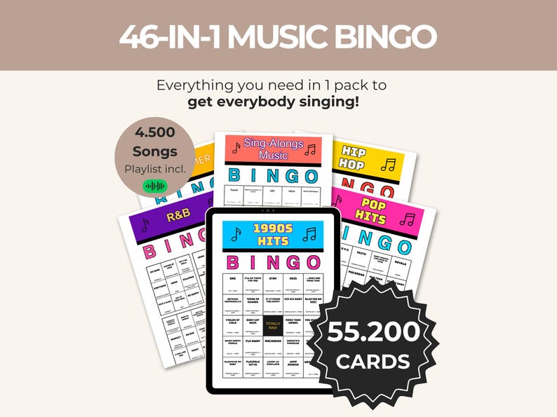 Puede incluir: Un juego de bingo musical 46 en 1 que presenta m&uacute;ltiples tarjetas de juego coloridas con varios g&eacute;neros musicales como R&B, Hip Hop y Pop Hits. Una tableta central muestra una tarjeta de bingo de &eacute;xitos de los 90. Incluye 4.500 canciones y 55.200 tarjetas.