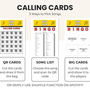May include: A set of Hip Hop Bingo calling cards featuring three distinct formats: a grid of QR codes, a song list with QR codes, and large cards with song titles like Hard Knock Life, God's Plan, Super Bass, and Empire State of Mind.