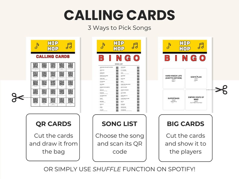 May include: A set of Hip Hop Bingo calling cards featuring three distinct formats: a grid of QR codes, a song list with QR codes, and large cards with song titles like Hard Knock Life, God's Plan, Super Bass, and Empire State of Mind.