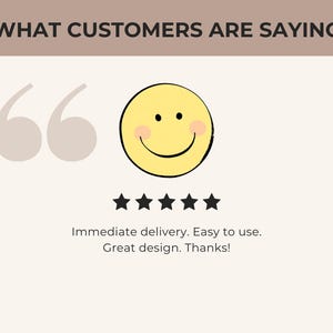 May include: A graphic with the text "WHAT CUSTOMERS ARE SAYING" at the top. It features quotation marks, a yellow smiley face with a black outline, and five black stars. Below the stars, text reads "Immediate delivery. Easy to use. Great design. Thanks!"
