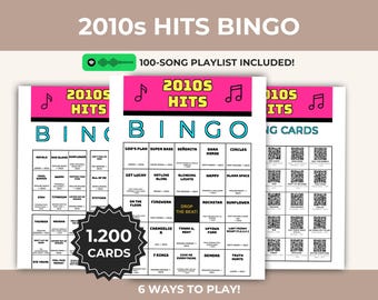 Hits 2010 muziek bingo afdrukbaar spel, throwback-afspeellijst, nostalgische meezingactiviteit, direct downloaden, digitale pdf, QR-telefoonkaarten