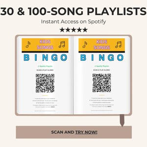 Puede incluir: Un libro abierto con el texto "30 & 100-SONG PLAYLISTS" y "Instant Access on Spotify". Las p&aacute;ginas muestran "KIDS SONGS BINGO" con c&oacute;digos QR. La parte inferior dice "SCAN AND TRY NOW!"