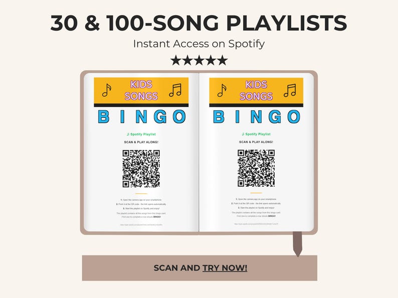Puede incluir: Un libro abierto con el texto "30 & 100-SONG PLAYLISTS" y "Instant Access on Spotify". Las p&aacute;ginas muestran "KIDS SONGS BINGO" con c&oacute;digos QR. La parte inferior dice "SCAN AND TRY NOW!"