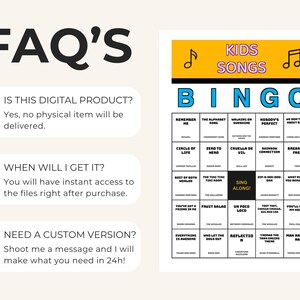 Puede incluir: Un juego de Bingo de canciones infantiles imprimible con un encabezado amarillo que dice "Kids Songs". La tarjeta de bingo presenta t&iacute;tulos de canciones como "Remember Me" y "Circle of Life". La secci&oacute;n de preguntas frecuentes responde preguntas sobre el producto digital.