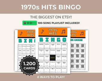 1970s Music Bingo Printable, 1,200 Cards, 100 Songs, 5x5 and 3x3 Game, QR Calling Cards, Spotify Playlist, Instant Download Printable PDF
