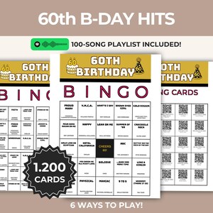 Bingo musicale per il 60° compleanno, stampabile, 1200 cartelle, 100 canzoni, formato 5x5, 3x3, codice QR, Spotify, download immediato, PDF, festa per traguardi importanti, divertimento retrò, PDF