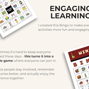 Puede incluir: Se muestran dos hojas de juego de Bingo, una con el texto "Wine Bingo" y la otra con varios iconos ilustrados. El texto "Engaging Learning" est&aacute; en la parte superior, con texto adicional debajo.
