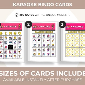Może przedstawiać: Zestaw kart do karaoke bingo z 200 kartami i 40 unikalnymi momentami. Zestaw zawiera karty do bingo, karty wywoławcze i żetony znacznik&oacute;w. Karty mają kolorowe ilustracje ikon związanych z karaoke. Tekst brzmi "Karaoke Bingo Cards".