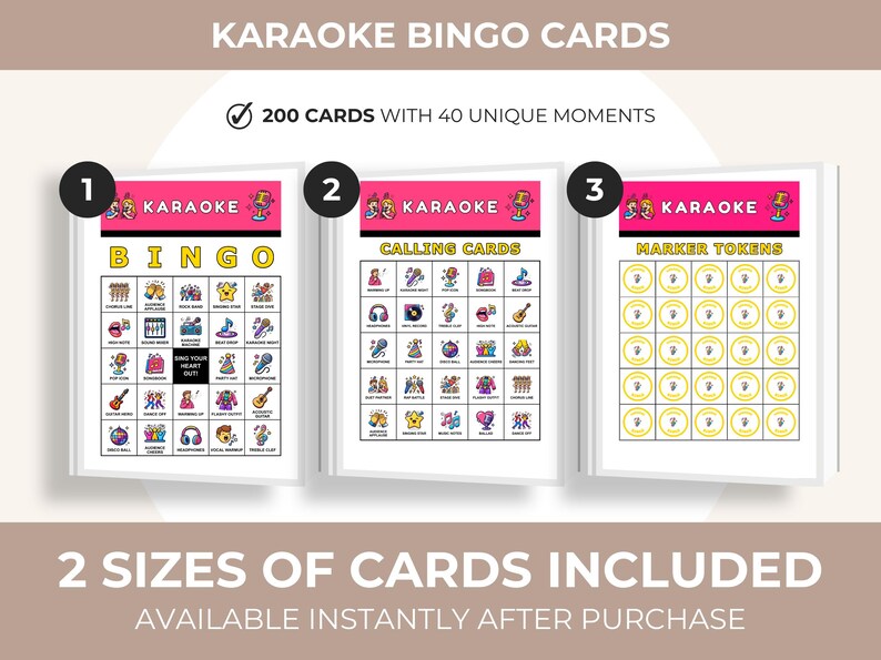 Może przedstawiać: Zestaw kart do karaoke bingo z 200 kartami i 40 unikalnymi momentami. Zestaw zawiera karty do bingo, karty wywoławcze i żetony znacznik&oacute;w. Karty mają kolorowe ilustracje ikon związanych z karaoke. Tekst brzmi "Karaoke Bingo Cards".