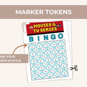 May include: A printable sheet of circular marker tokens for a Movies & TV Series Bingo game. The tokens feature a small red popcorn bucket graphic and the text BINGO. The sheet includes a paperclip, a scissor icon, and the text MARK YOUR MOMENTS IN STYLE.
