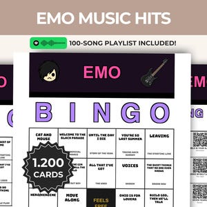 May include: An Emo Bingo game set featuring a black header with pink text, a cartoon character, and a guitar illustration. The grid contains song titles and band names. A black starburst badge reads 1.200 CARDS, and a green icon indicates a 100-SONG PLAYLIST INCLUDED.