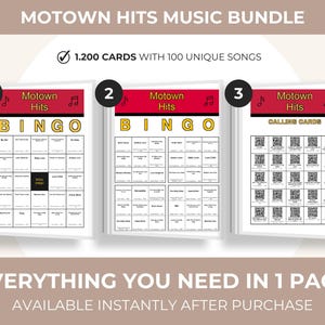 May include: Motown Hits Music Bundle featuring bingo cards and calling cards. The bingo cards have song titles and the calling cards have QR codes. The bundle includes 1,200 cards with 100 unique songs. The text "Everything You Need In 1 Pack" is also visible.