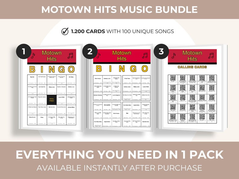 May include: Motown Hits Music Bundle featuring bingo cards and calling cards. The bingo cards have song titles and the calling cards have QR codes. The bundle includes 1,200 cards with 100 unique songs. The text "Everything You Need In 1 Pack" is also visible.