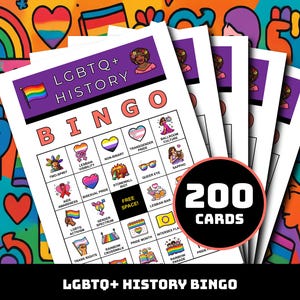May include: A stack of LGBTQ+ History Bingo cards with a rainbow flag and various LGBTQ+ symbols. The cards have a purple header with the text "LGBTQ+ HISTORY BINGO". A black circle displays "200 CARDS". The background is a colorful, abstract design.