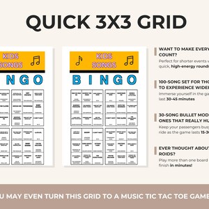Puede incluir: Un tablero de juego de Bingo blanco y azul con el texto "Kids Songs Bingo". La imagen incluye texto sobre diferentes modos de juego y c&oacute;mo jugar. El juego tambi&eacute;n se puede usar como un juego de tic tac toe musical.