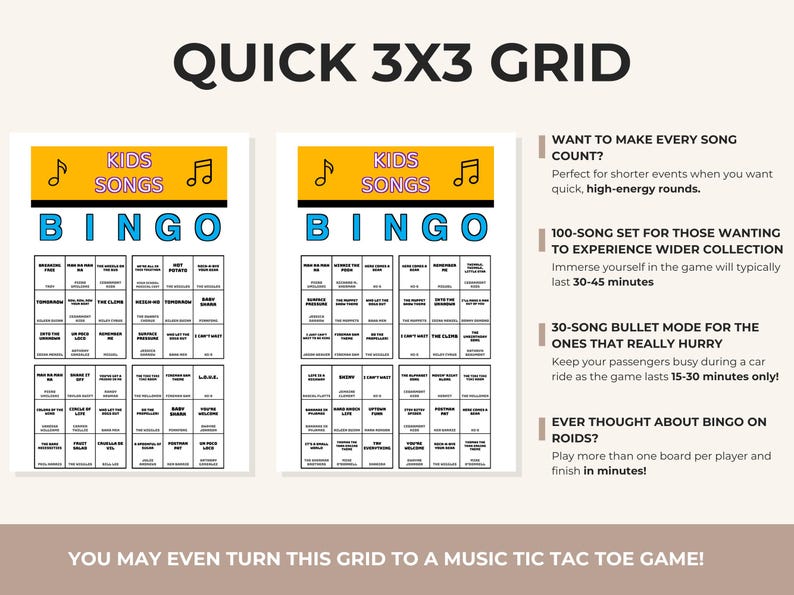 Puede incluir: Un tablero de juego de Bingo blanco y azul con el texto "Kids Songs Bingo". La imagen incluye texto sobre diferentes modos de juego y c&oacute;mo jugar. El juego tambi&eacute;n se puede usar como un juego de tic tac toe musical.