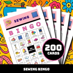 May include: A stack of sewing bingo cards with a pink and white design. The cards feature illustrations of sewing tools and terms. The text "SEWING BINGO" is at the top, with "200 CARDS" in a circle. The background is a colorful pattern.