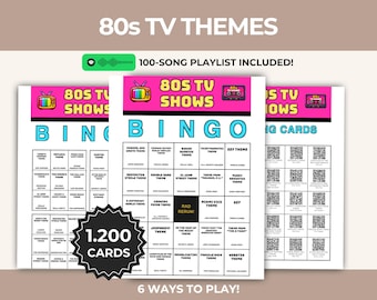 80s TV Shows Theme Song Music Bingo, Printable 1200 Cards 100 Tracks 5x5 3x3, QR Calling, Spotify Instant Download PDF, Retro Party Vintage