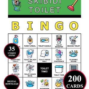 Op de afbeelding: Een Skibidi Toilet Bingo-spelkaart met 35 unieke items en 200 kaarten. Het spel bevat cartoonillustraties van toiletten, ontstoppers en andere badkamergerelateerde items. De woorden "SKIBIDI TOILET" en "BINGO" worden weergegeven.