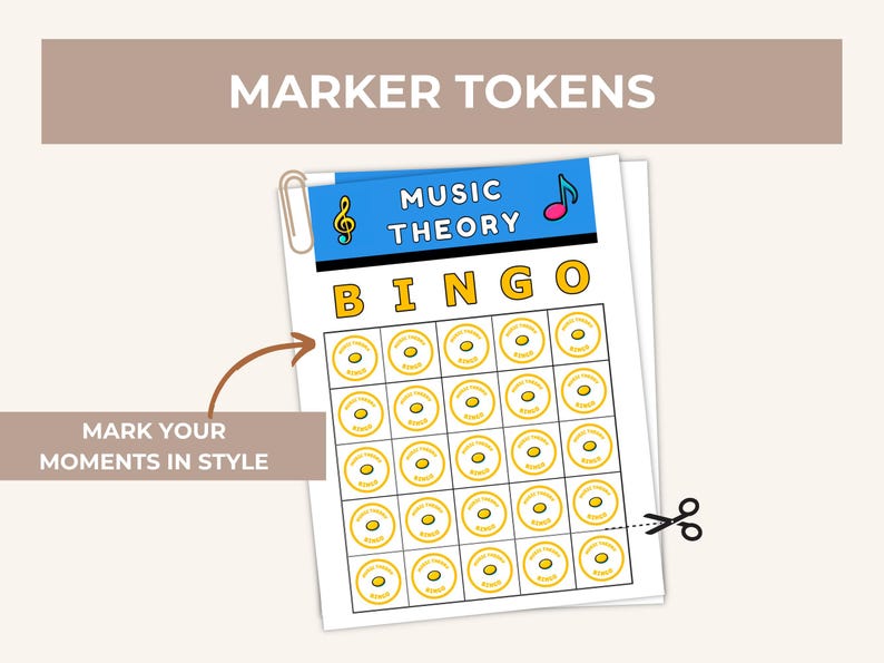 May include: A sheet of Music Theory Bingo cards with a blue header and yellow text. The cards are held together with a silver paper clip. The text "MARKER TOKENS" is at the top. The text "MARK YOUR MOMENTS IN STYLE" is on the left.