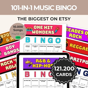 May include: A collection of 101-in-1 music bingo game cards featuring various themes like One Hit Wonders, Decades of Rock, Reggae, Boy Bands, Rock 'n' Roll, Britpop, and R&B & Hip-Hop. The cards include song titles and a digital tablet display.