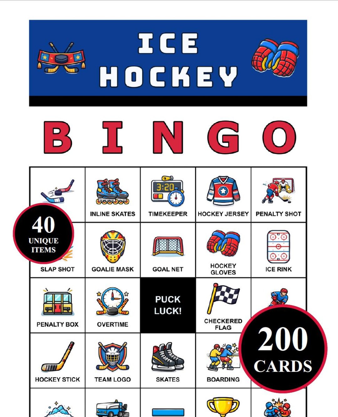 Ice Hockey Bingo, 200 Printable Cards for Hockey Night Fun, Watch Party ...