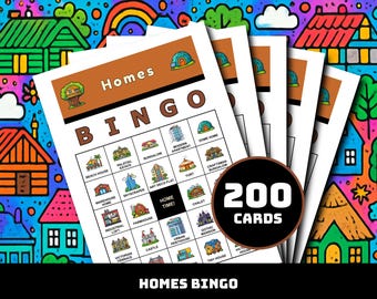 Verschiedene Arten von Häusern Bingospiel - 200 druckbare Karten mit 40 gemütlichen Momenten | Hauslernen für Klasse, Vokabeln Homeschool, Familienspaß
