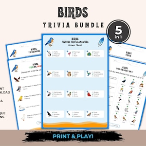 Pode incluir: Um pacote de trivia sobre pássaros com cinco folhas de jogo imprimíveis com bordas azuis. As folhas contêm texto, ilustrações de pássaros e caixas de seleção para respostas. A folha central é intitulada Birds Picture Trivia Answers, e as outras incluem Birds Trivia, Birds True or False e Birds Tie-Breakers.