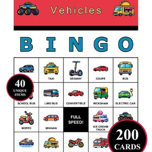 Könnte beinhalten: Ein farbenfrohes "Fahrzeuge" Bingo-Spielset mit 200 Karten und 40 einzigartigen Elementen. Das Spielbrett zeigt Illustrationen verschiedener Fahrzeuge, darunter ein Taxi, ein Bus und ein Motorrad. Der Text "FULL SPEED!" ist ebenfalls sichtbar.