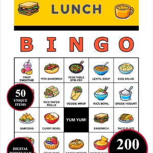 May include: A colorful lunch bingo game card with illustrations of various food items like sandwiches, fruit tarts, and veggie wraps. The card includes the word "LUNCH" at the top and "BINGO" in large letters. It also says "50 unique items" and "200 cards".