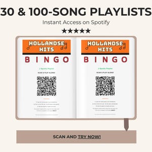 May include: An open book displaying two identical pages for a Hollandse Hits Bingo game. Each page features an orange header, the text BINGO, a Spotify QR code, and instructions to scan and play along. The top text reads 30 & 100-SONG PLAYLISTS.