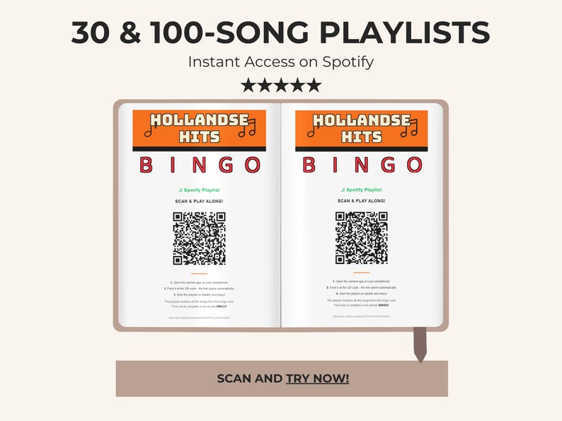 May include: An open book displaying two identical pages for a Hollandse Hits Bingo game. Each page features an orange header, the text BINGO, a Spotify QR code, and instructions to scan and play along. The top text reads 30 & 100-SONG PLAYLISTS.