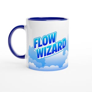 May include: A white ceramic mug with a dark blue handle and interior rim. The exterior features a graphic of light blue clouds against a white background, with the text FLOW WIZARD printed in bold, blue, outlined letters across the center.