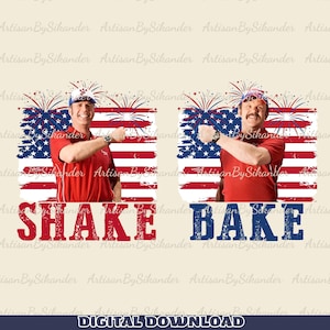 Pode incluir: Um gráfico digital com dois homens em camisas polo vermelhas e bonés de beisebol, posando em frente a uma bandeira americana estilizada com fogos de artifício. À esquerda, o texto vermelho SHAKE e à direita, o texto azul BAKE.