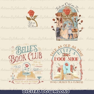 May include: Four digital graphic designs featuring Beauty and the Beast themes. Elements include a red rose, a stained glass window with two figures, an open book with a rose in a glass dome, and text reading Belle's Book Club and Book Shop.