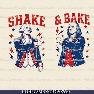 Pode incluir: Uma ilustração gráfica apresentando George Washington e Benjamin Franklin em trajes militares coloniais. O texto SHAKE & BAKE é exibido em vermelho acima das figuras, cercado por raios e estrelas vermelhos e azuis em um fundo creme.