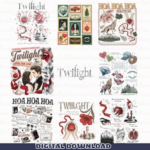 Può includere: Una collezione digitale di design grafici a tema Twilight con illustrazioni di mele, pezzi degli scacchi, lupi, fiori e citazioni testuali. L'opera include francobolli, ritratti di personaggi e vari motivi come montagne, libri e cassette in un layout a più pannelli.