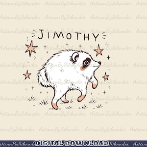 May include: A digital illustration of a white hedgehog with dark eye patches and pink cheeks, surrounded by small stars and grass. The name JIMOTHY is written in dark brown letters above the hedgehog. The background is a light cream color.