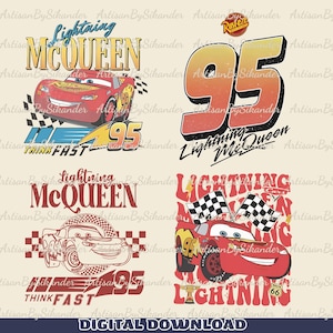 May include: A digital graphic set featuring four distinct designs of the red race car Lightning McQueen. Elements include the number 95, checkered flags, the text Lightning McQueen, Think Fast, and Route 66, rendered in red, yellow, and black colors.