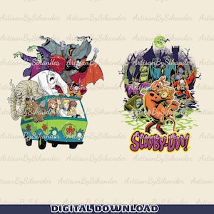 May include: A digital graphic featuring the Scooby-Doo gang in their green van surrounded by classic monsters, alongside a second scene of Scooby-Doo and Shaggy being chased by various villains in a spooky setting with the text Scooby-Doo.