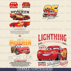 May include: A digital collection of Lightning McQueen graphics featuring the red race car with number 95, various text elements including Lightning McQueen, est. 1977, and Ultimate Speed, along with technical car diagrams and dimensions in inches.