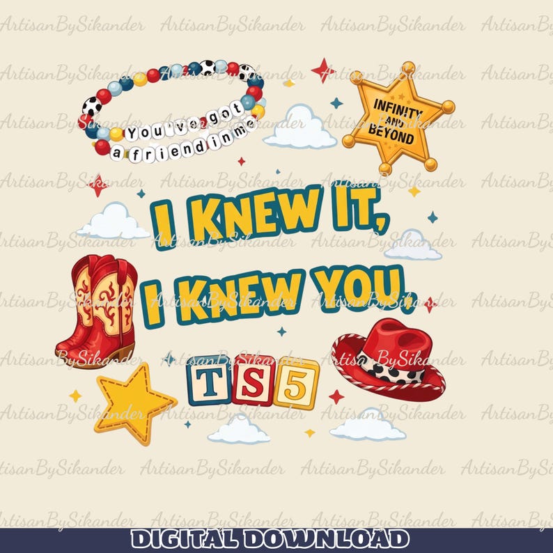 Może przedstawiać: Cyfrowa grafika przedstawiająca bransoletkę z koralik&oacute;w z napisem You've got a friend in me, złotą gwiazdę szeryfa z napisem Infinity and Beyond, czerwone kowbojki, czerwony kapelusz kowbojski, ż&oacute;łte gwiazdki, chmury oraz klocki z napisem TS5.