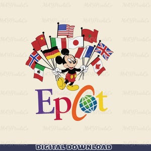 May include: A graphic illustration of Mickey Mouse holding a cluster of various international flags on poles. Below the character, the word Epcot is written in colorful, stylized letters, with a blue and green globe replacing the letter o.